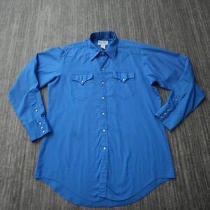 Rockmount Ranch Wear True West Shirt Men Made In USA Pearl Snap Blue Vtg 16.5
